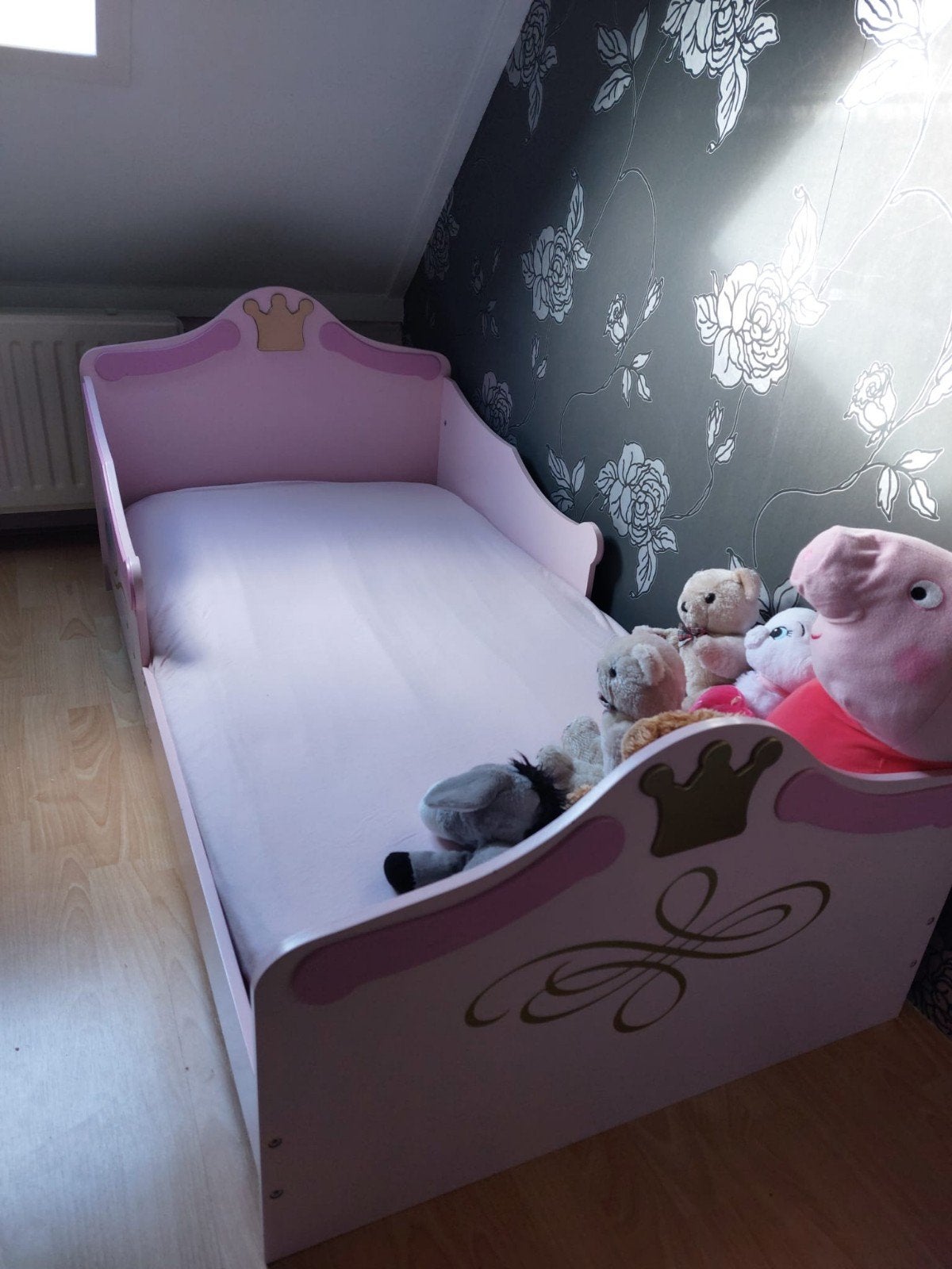 Roze peuterbed, Ophalen, 140 tot 160 cm, 70 tot 85 cm, Matras