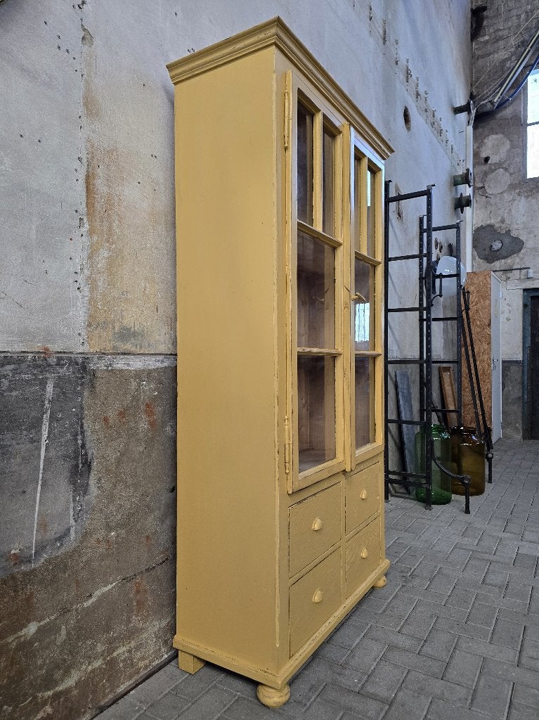 Vintage Houten Vitrinekast Geel | Grote Gele Vitrine Kast 2, Huis en Inrichting, Gebruikt, 200 cm of meer, Ophalen of Verzenden