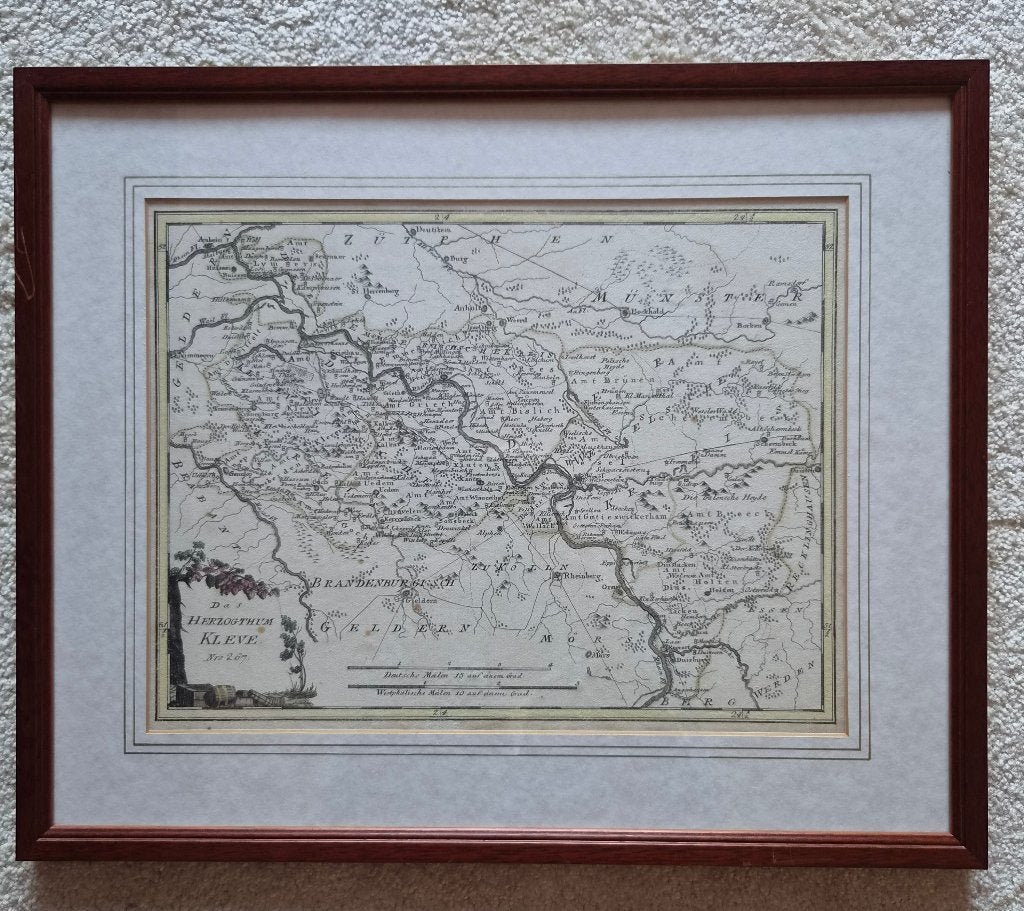 Antieke kaart Hertogdom Kleef, ingelijst met passe-partout, Ophalen, Achter glas, Klassiek, Print