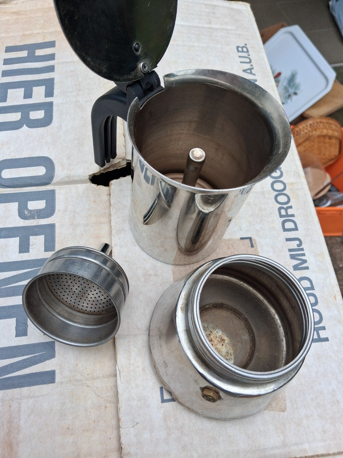 Vintage RVS Espresso Maker - Moka Pot, Gebruikt, Espresso apparaat, Gemalen koffie, Ophalen of Verzenden