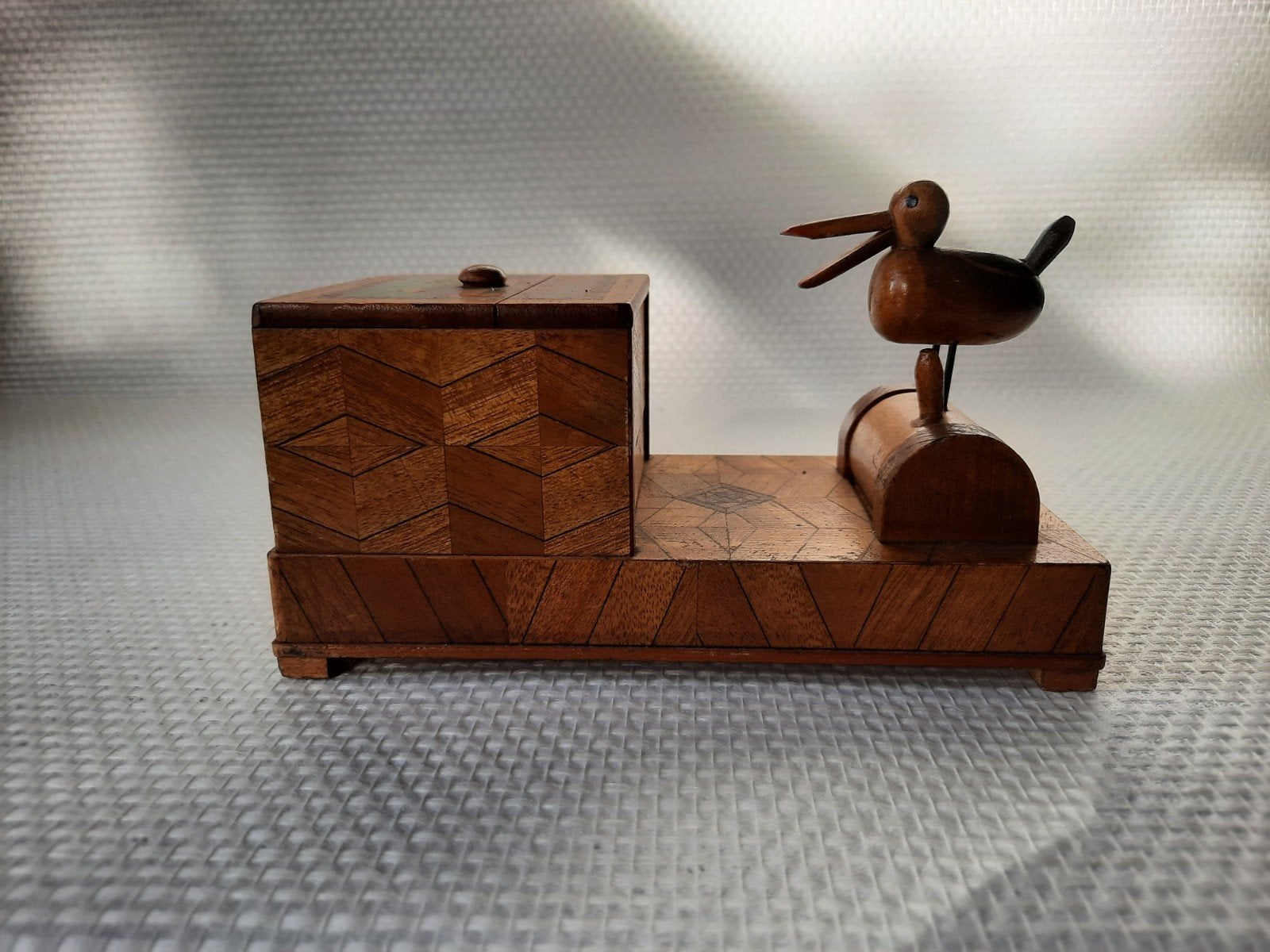 Vintage houten sigarettendoos met vogel en Japanse scène, Ophalen of Verzenden