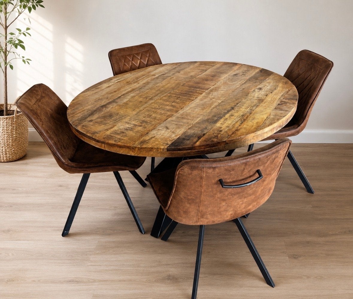 Ronde eettafel (120 cm) met stoelen in nette conditie, Ophalen, Gebruikt, 100 tot 150 cm, Rond