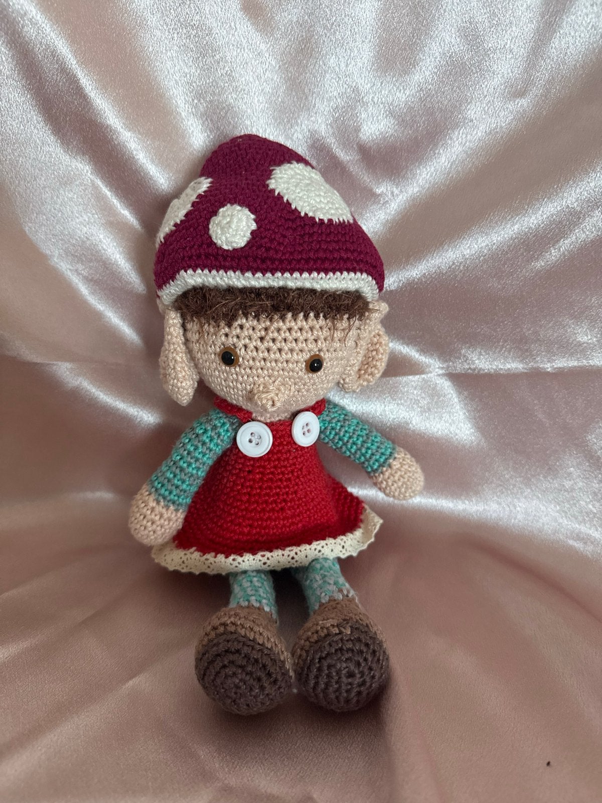 Gehaakte paddenstoel elf knuffel - handgemaakt, Overige merken, Overige typen, Zo goed als nieuw, Meerkleurig