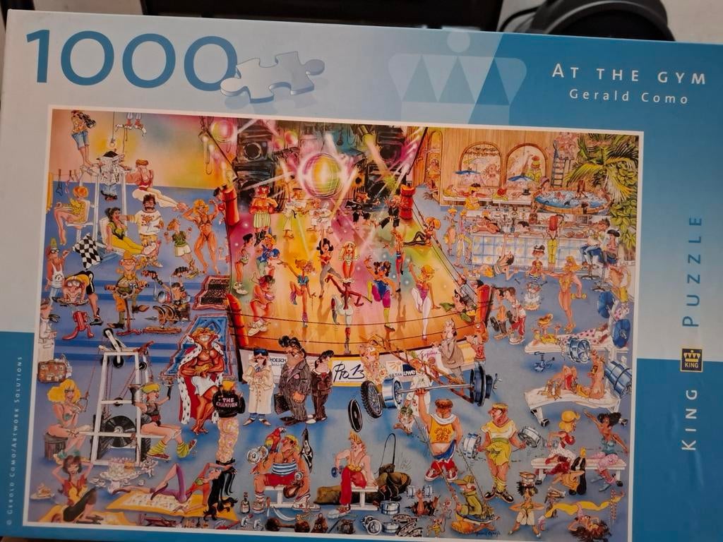 King Puzzel "At the Gym" - Gerald Como - 1000 stukjes, Ophalen of Verzenden, 500 t/m 1500 stukjes, Gebruikt, Legpuzzel