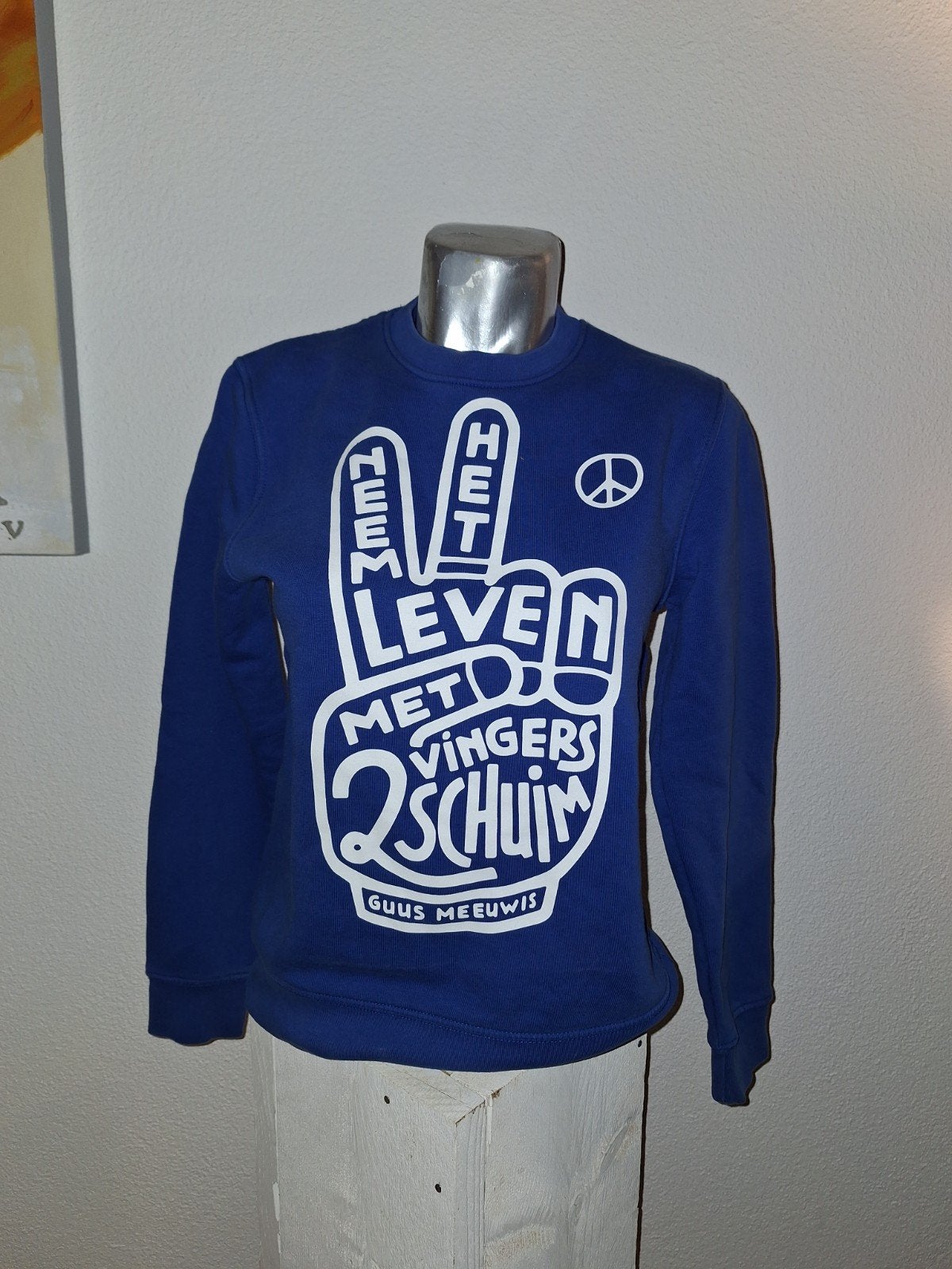 Guus Meeuwis sweater - Neem het leven met 2 vingers schuim, Ophalen, Zo goed als nieuw, Maat 36 (S), Blauw