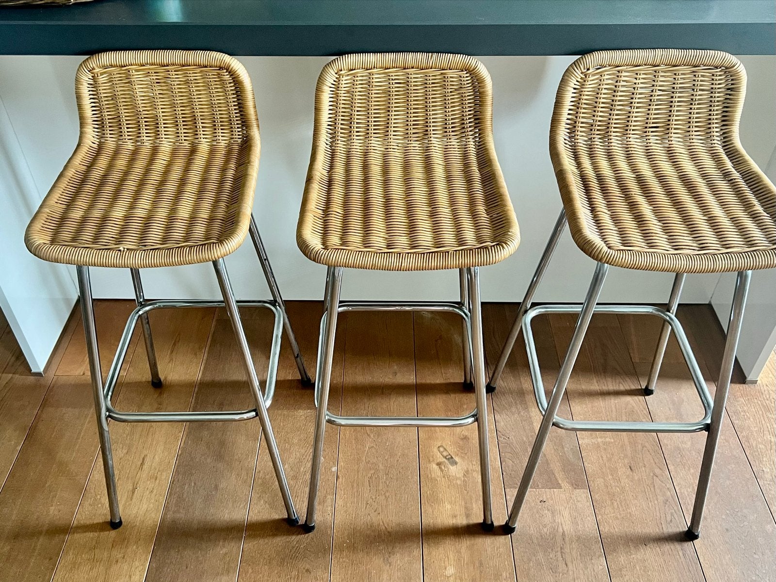 Set van 3 vintage barkrukken Dirk van Sliedrecht Rohe Noordw, Ophalen, Gebruikt, 60 tot 90 cm, Metaal