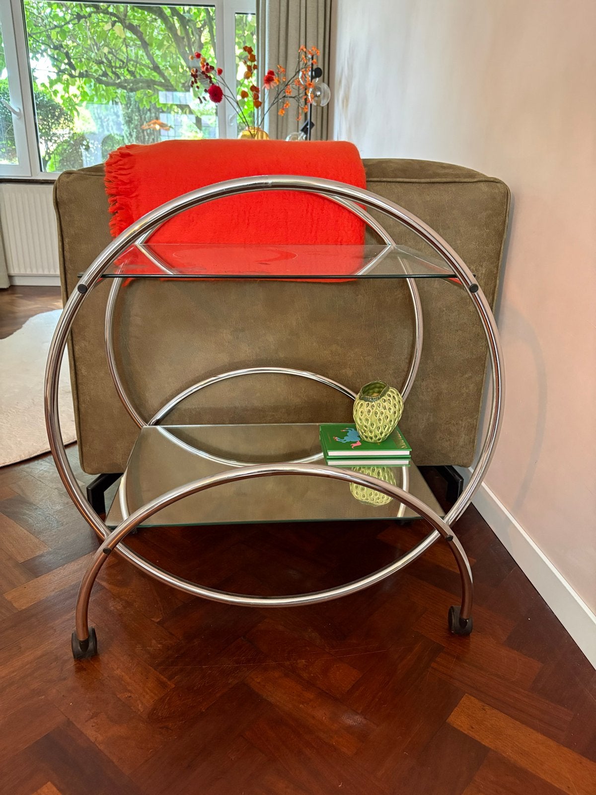 Vintage Bijzettafel / Serveerwagen met Chroom en Glas, Ophalen, Gebruikt, Metaal of Aluminium, 55 tot 75 cm