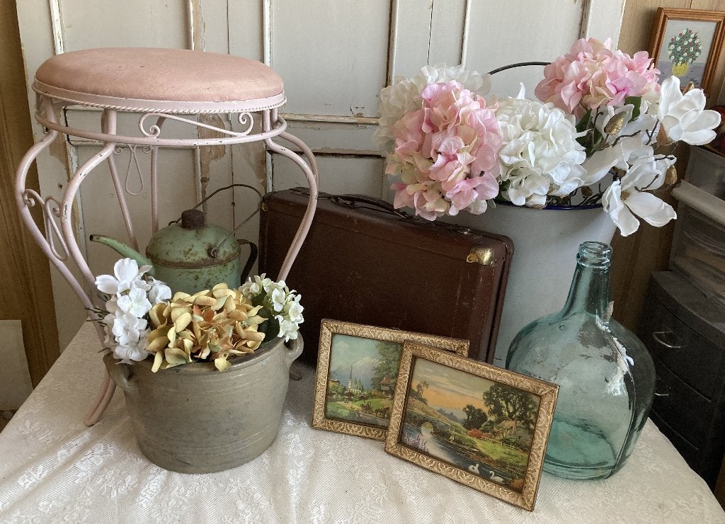 Brocante gistfles - grespot - oude prentjes - koffertje, Antiek en Kunst, Curiosa en Brocante, Verzenden