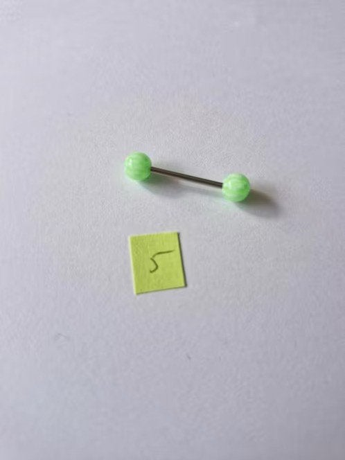 Tongpiercing lichtgroen met witte strepen nr5 h3, Tongpiercing, Staal, Onbekend, Nieuw