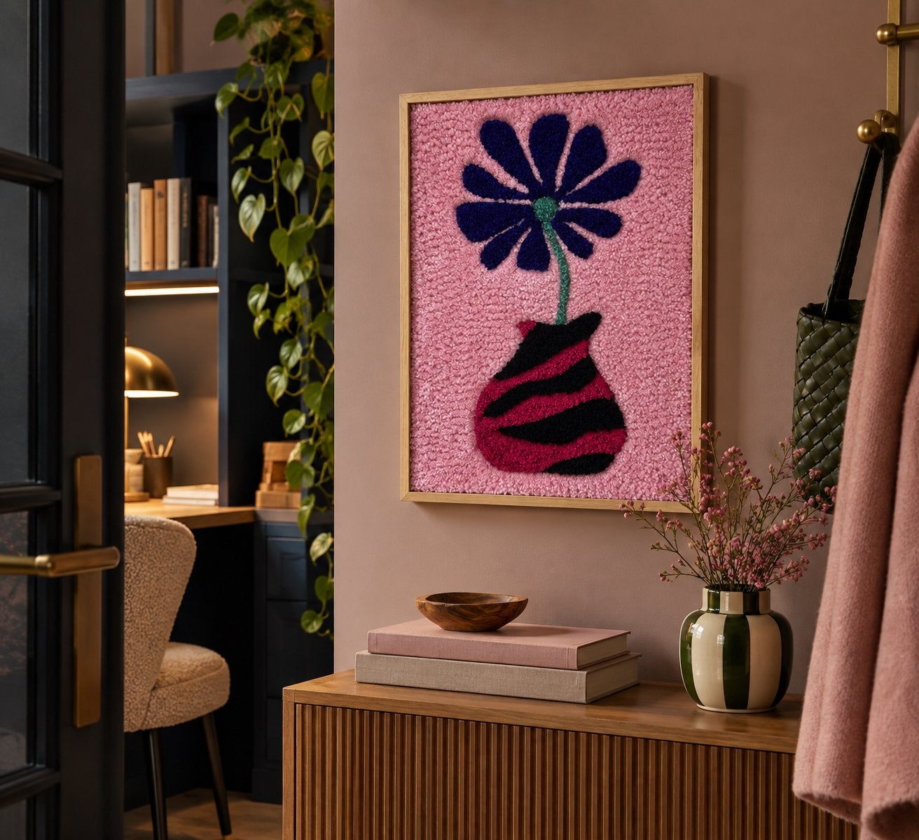 🌸 FLOWER UP YOUR WALL 🌸 getuft wandkleed in houten lijst, 33 cm, Gesigneerd, Wandkleed, Nieuw