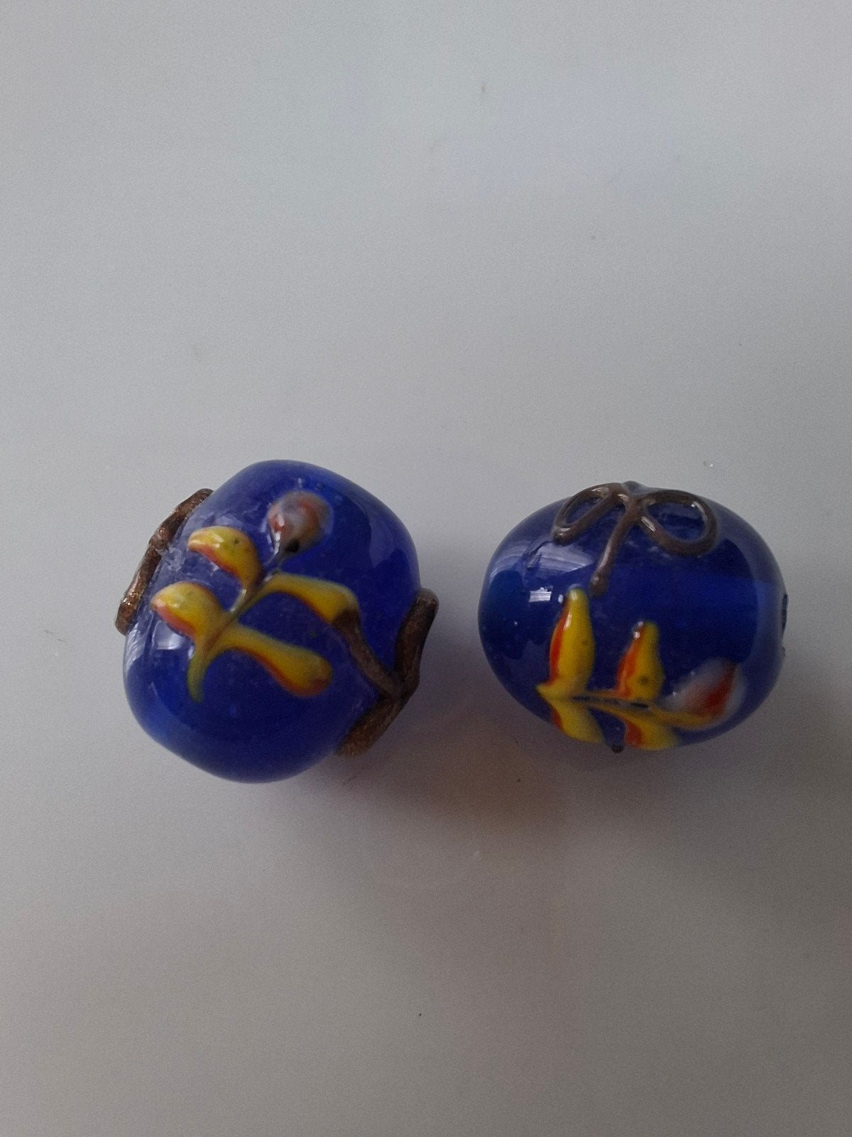 2 stuks lampwork glaskralen blauw geel kralen, Kraal, -, -, Nieuw