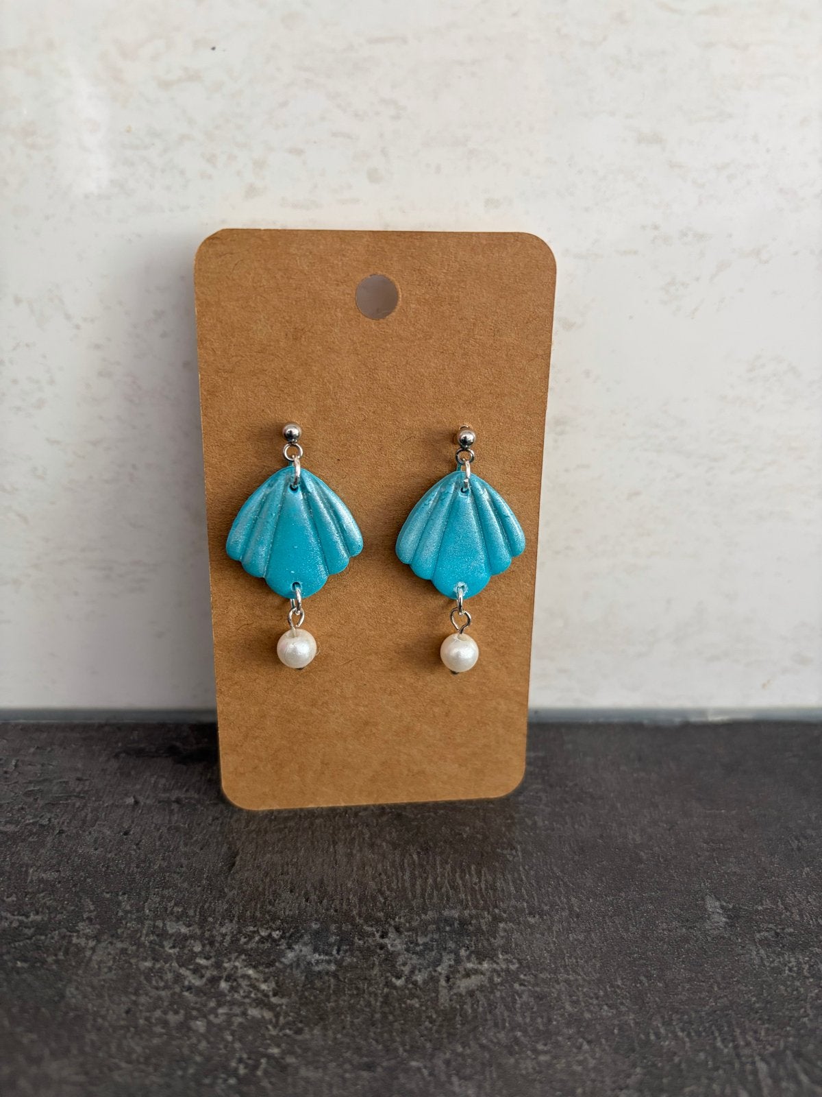 Schelp Oorbellen met Parel - Turquoise, Overige materialen, Hangers, Blauw, Nieuw