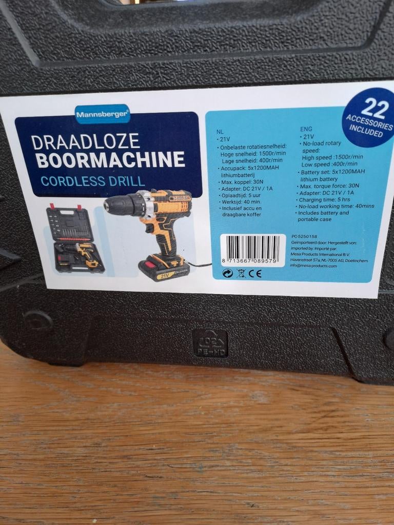 Draadloze Boormachine 21V met Accessoires - Nieuwstaat, Variabele snelheid, Onbekend, Ophalen of Verzenden, Blanmatzberger
