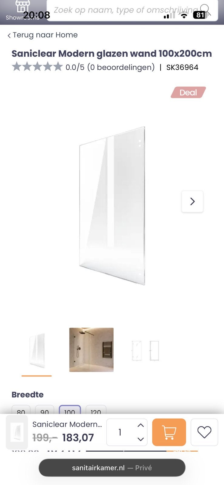 Saniclear Modern glazen wand 100x200cm, Ophalen, Zo goed als nieuw