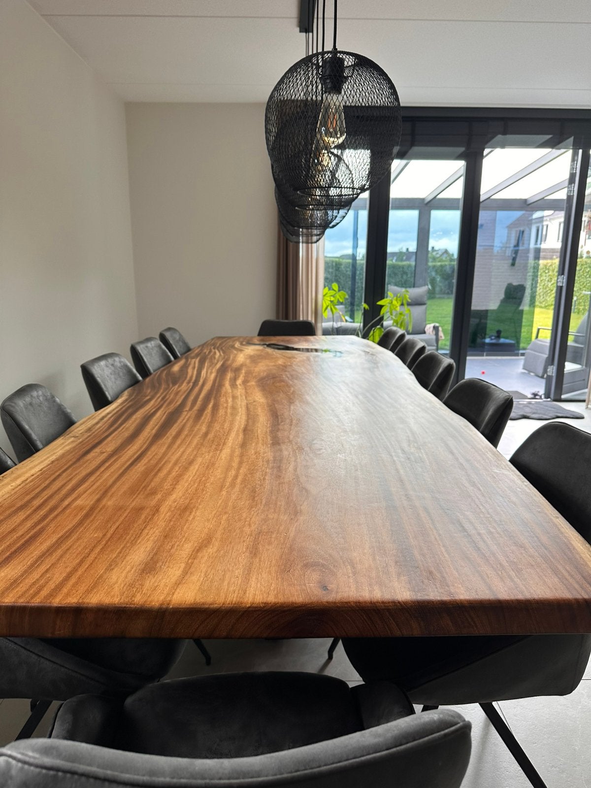 Luxe boomstam eettafel12 design eetkamerstoelen Complete set, 100 tot 150 cm, 200 cm of meer, Ophalen of Verzenden, Zo goed als nieuw