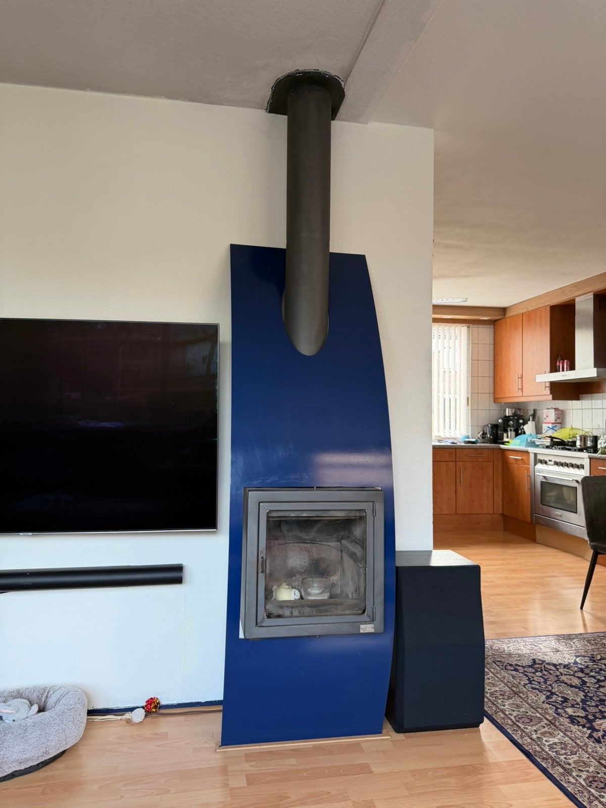 Mooie Dik Geurts houtkachel met unieke blauwe ombouw design, Ophalen, Gebruikt, Houtkachel, Hangend