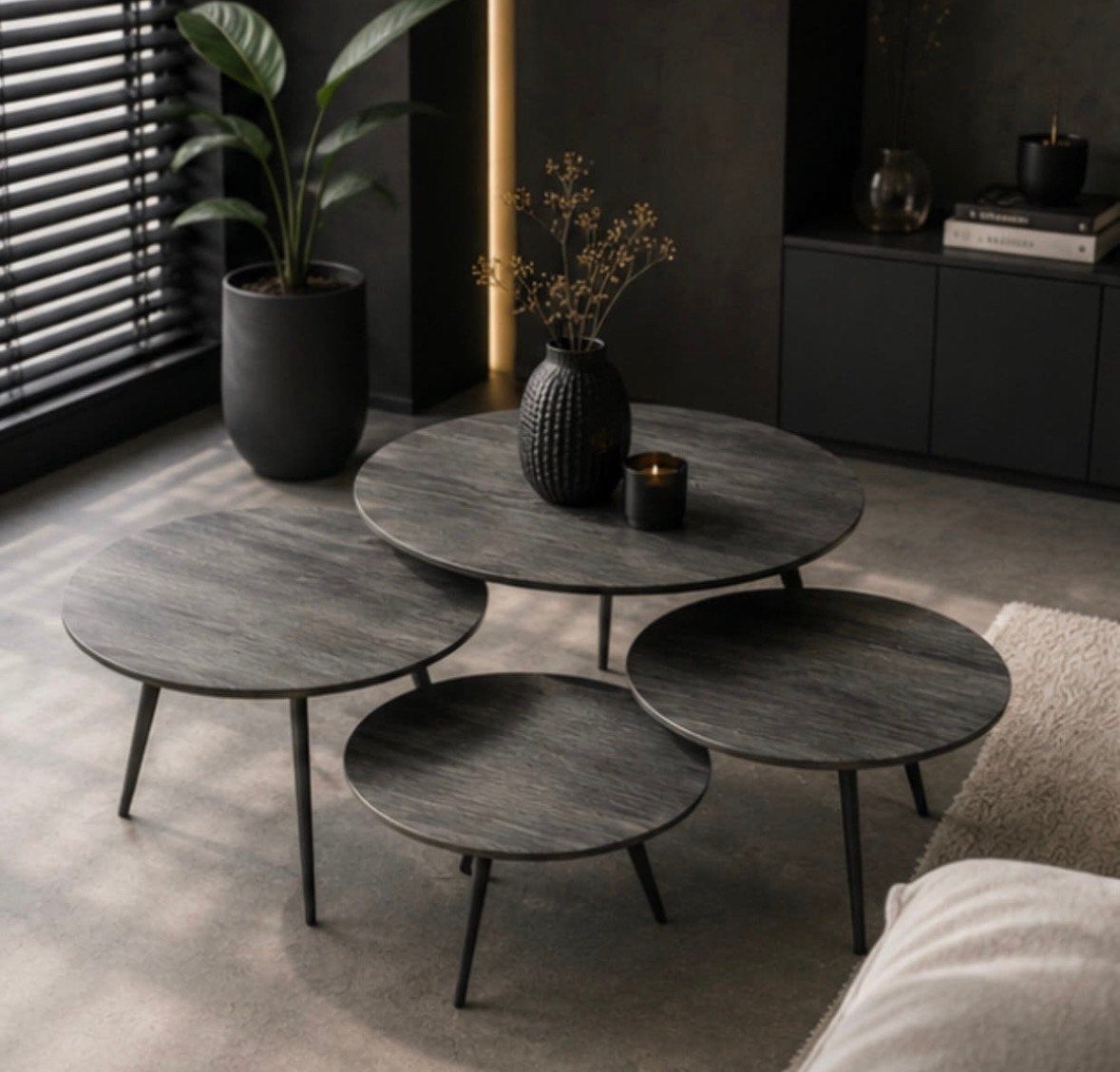 Nieuwe Set van 4 zwarte teak houten salon tafels PTMD, Ophalen, 50 tot 100 cm, Nieuw, Teakhout