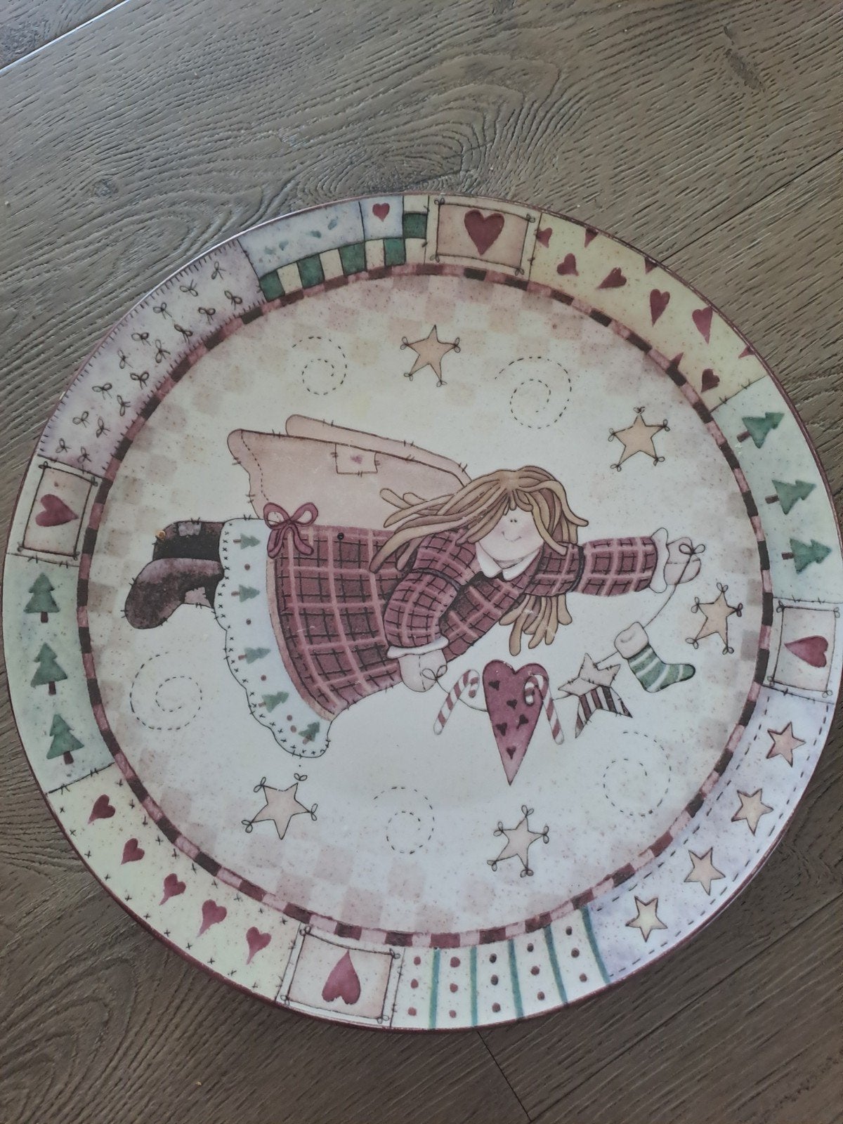 Kerst taartschaal met engel decoratie, Ophalen, Gebruikt, Handbeschilderd, Porselein of Keramiek