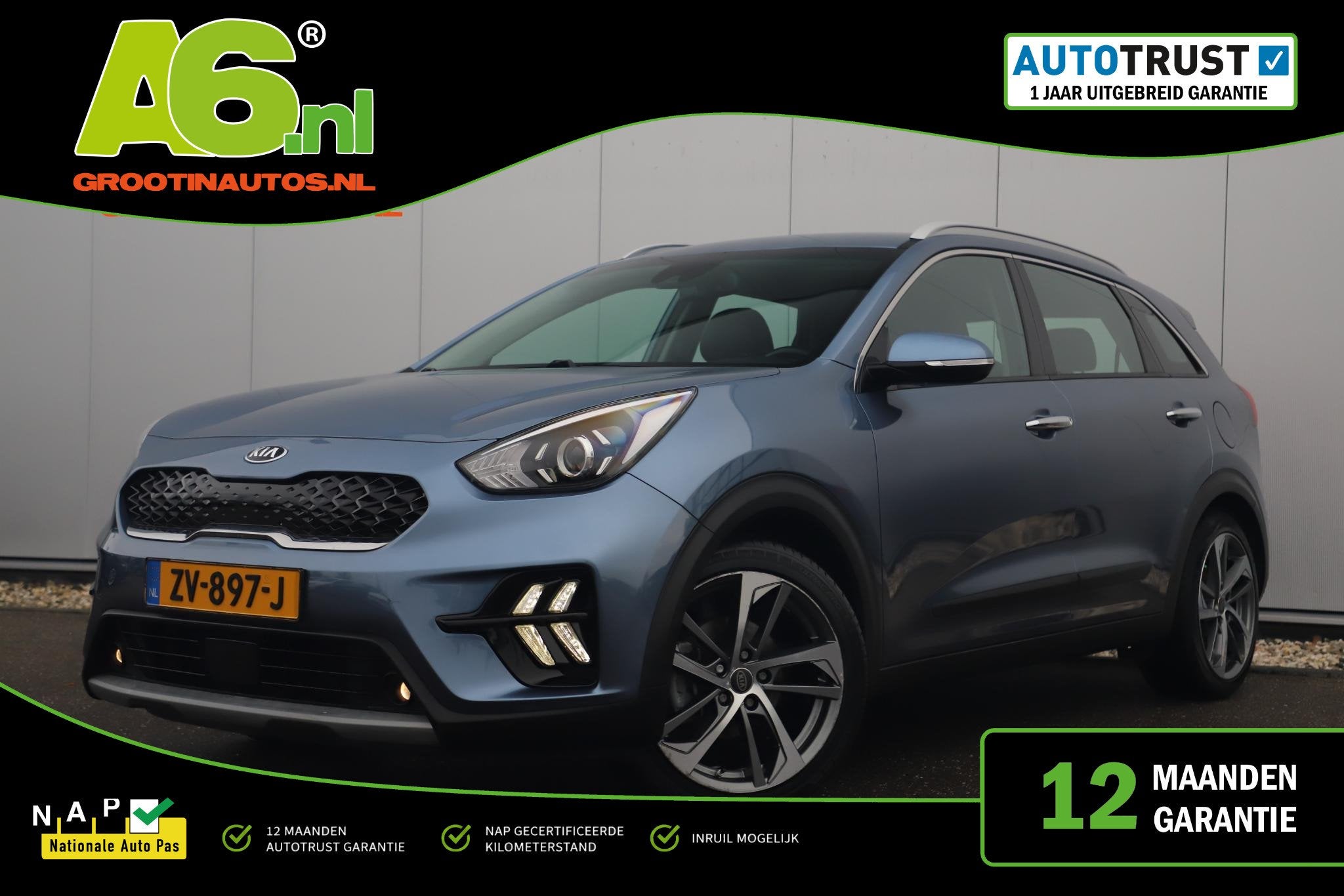 Kia Niro 1.6 GDi Hybrid DynamicLine 140PK Automaat 18 inch H, Auto's, Gebruikt, Euro 6, Blauw, Leder en Stof