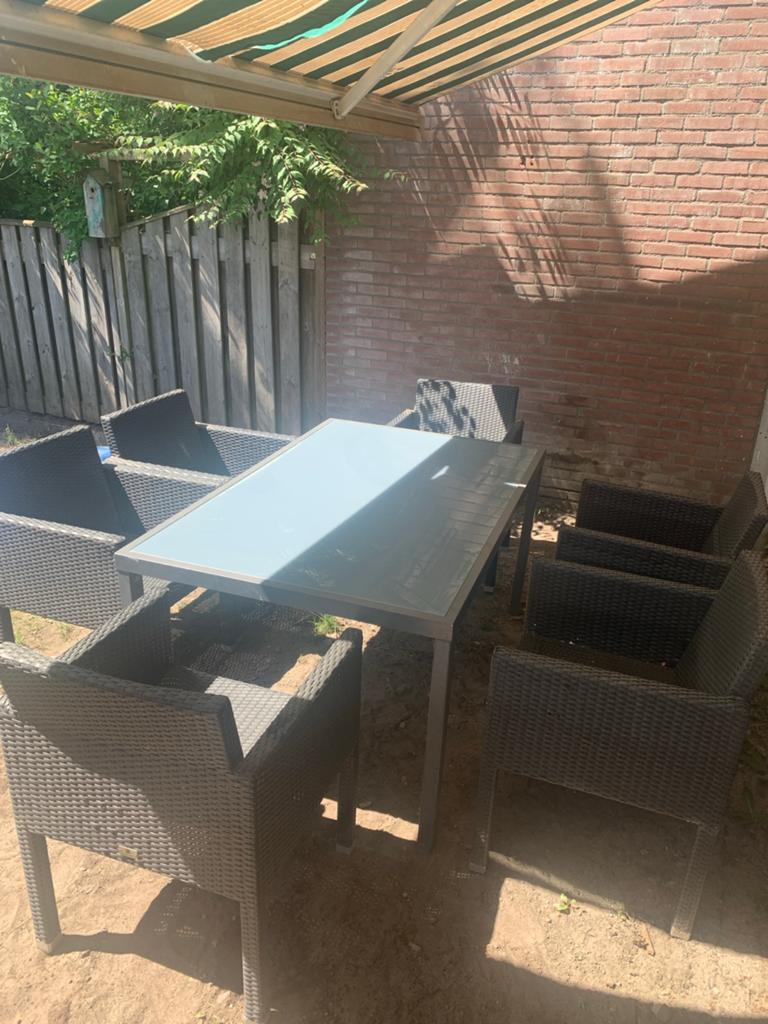 Jan des bouvrie  tuinset met glazen tafel en 6 stoelen, Ophalen, Gebruikt, Eettafel, 6 zitplaatsen