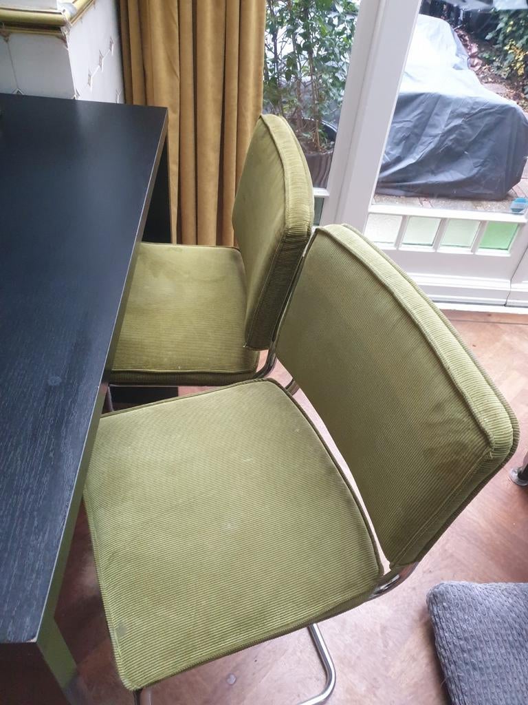 Set van 2 Zuiver Ridge Barkrukken RIB - Groen ribfluweel, Ophalen, Gebruikt, Met voetsteun, 60 tot 90 cm