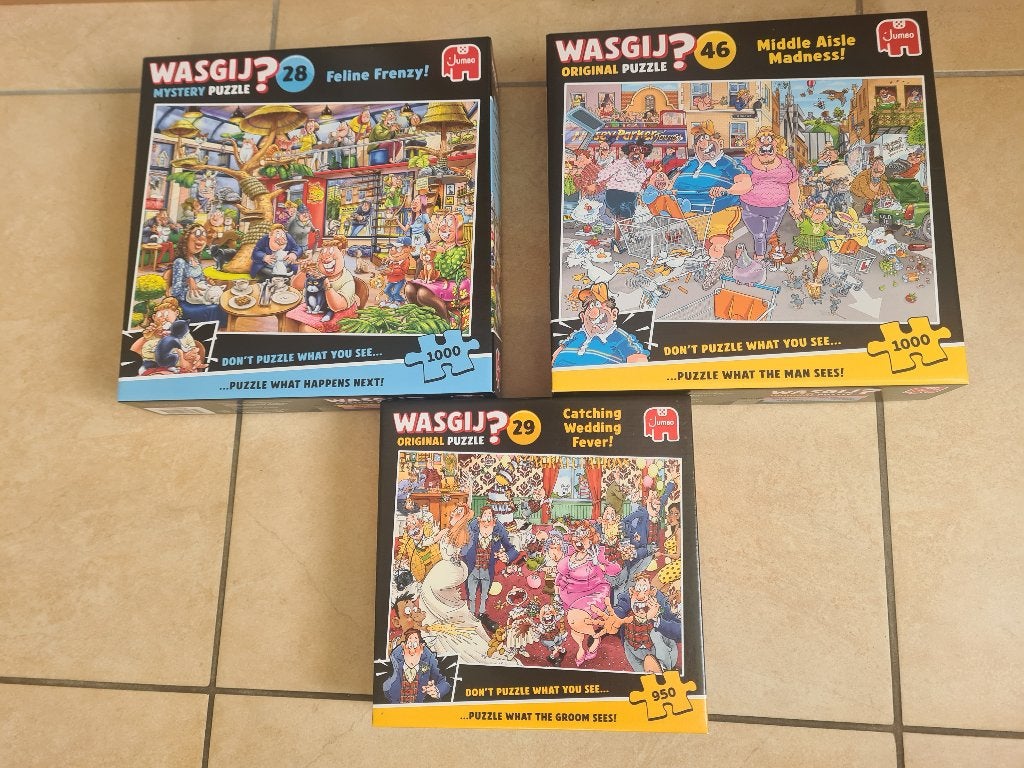 3 Wasgij? puzzels, Ophalen, 500 t/m 1500 stukjes, Zo goed als nieuw, Legpuzzel