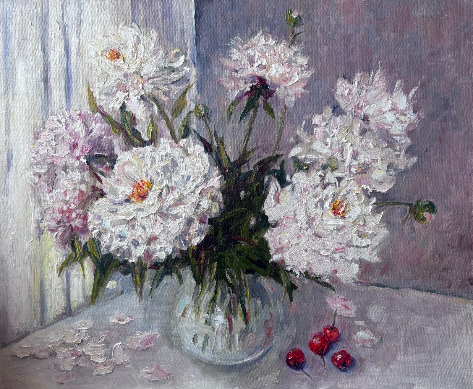 Schilderij: Boeket Witte Pioenen in Vaas, 50*60, Ophalen of Verzenden