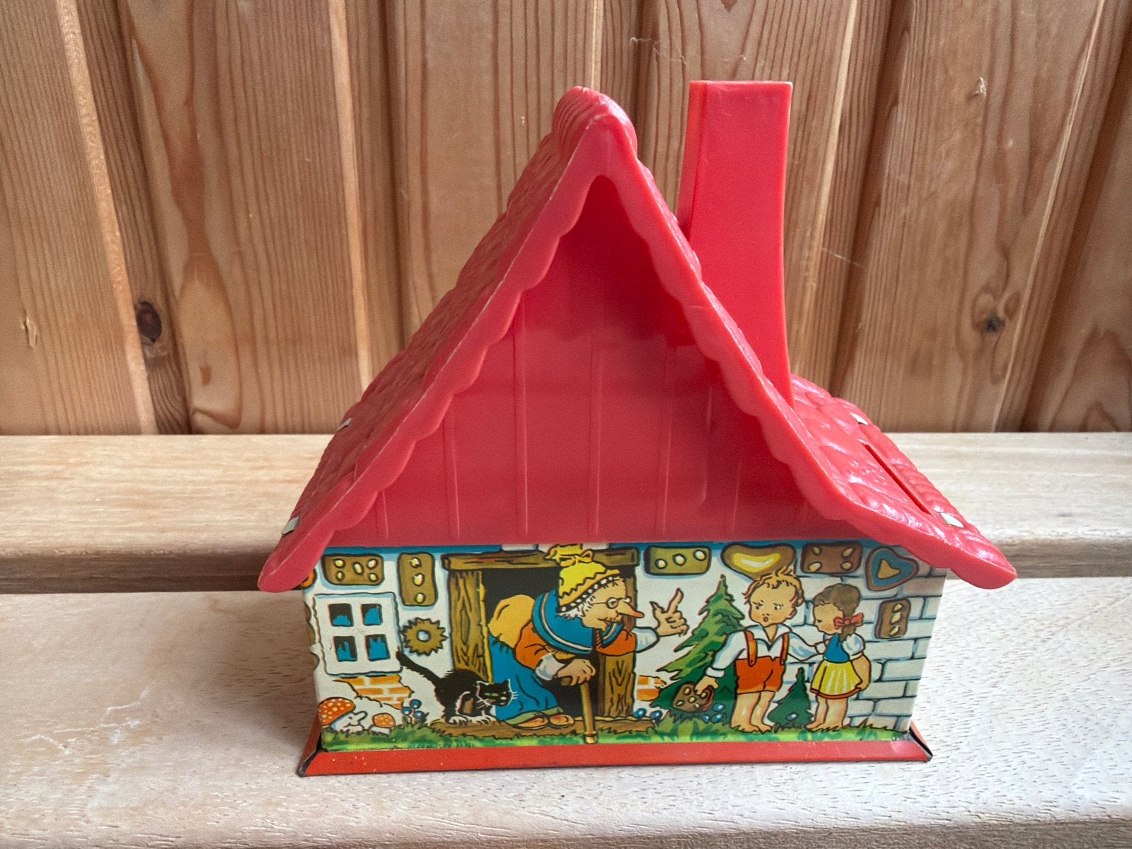 Vintage blikken spaarpot huisje afbeelding Hans en Grietje, Ophalen, Gebruikt, Metaal of Blik, Overige thema's