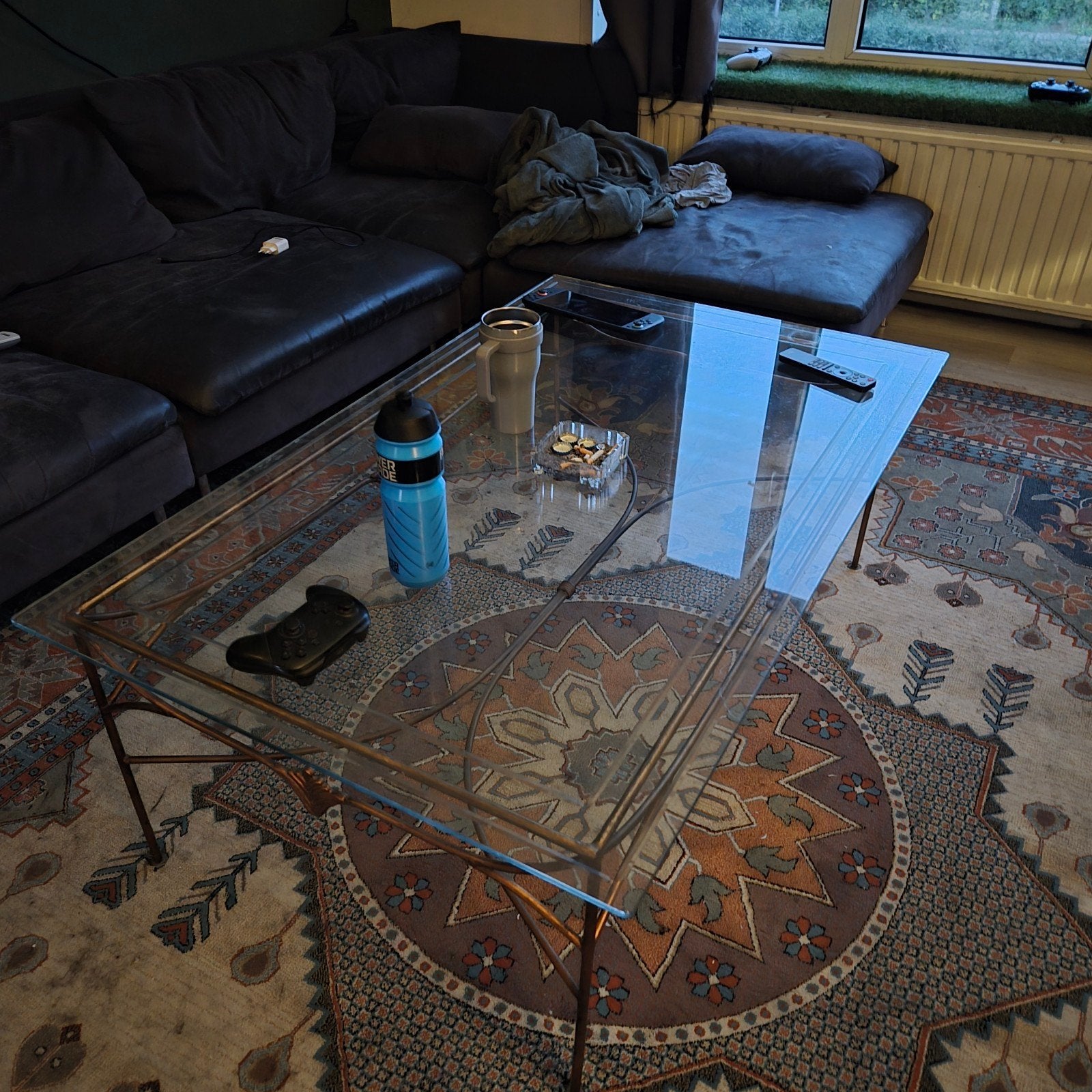 Glazen Salontafel met Metalen Frame, Ophalen, Gebruikt, 100 tot 150 cm, 50 tot 100 cm