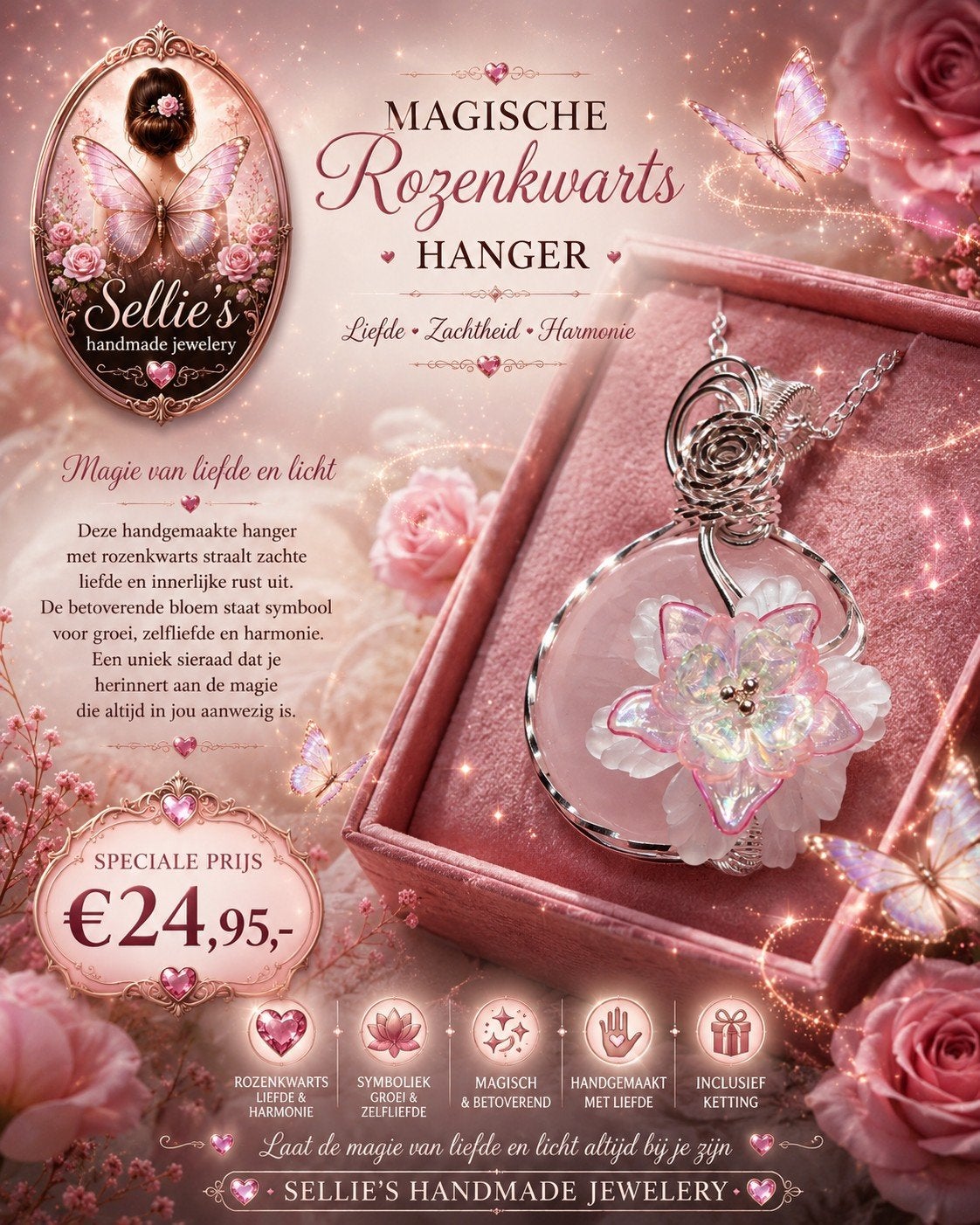 🦋 Sellie's handmade jewelery 🦋, Sieraden, Tassen en Uiterlijk, Kettingen, Nieuw, Ophalen of Verzenden, Steen of Mineraal, Roze