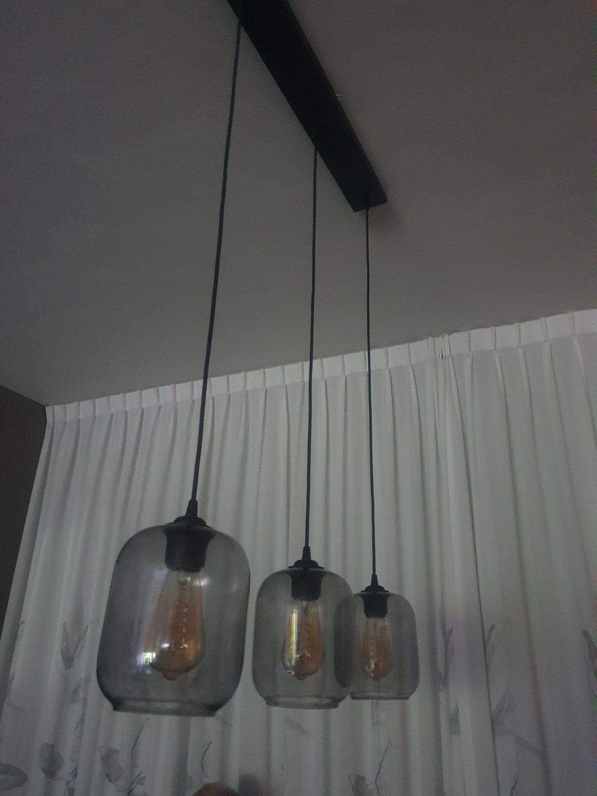 Moderne hanglamp met 3 glazen kappen, Modern, Industrieel, Zo goed als nieuw, Glas, E27 (groot)