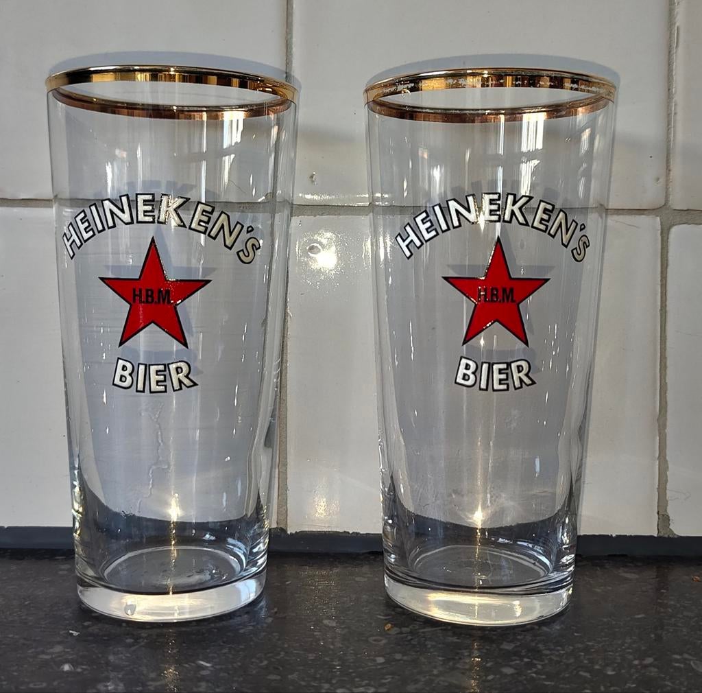 2x Vintage Heineken bierglas (vaasje) met gouden rand, Ophalen of Verzenden, Zo goed als nieuw, Bierglas