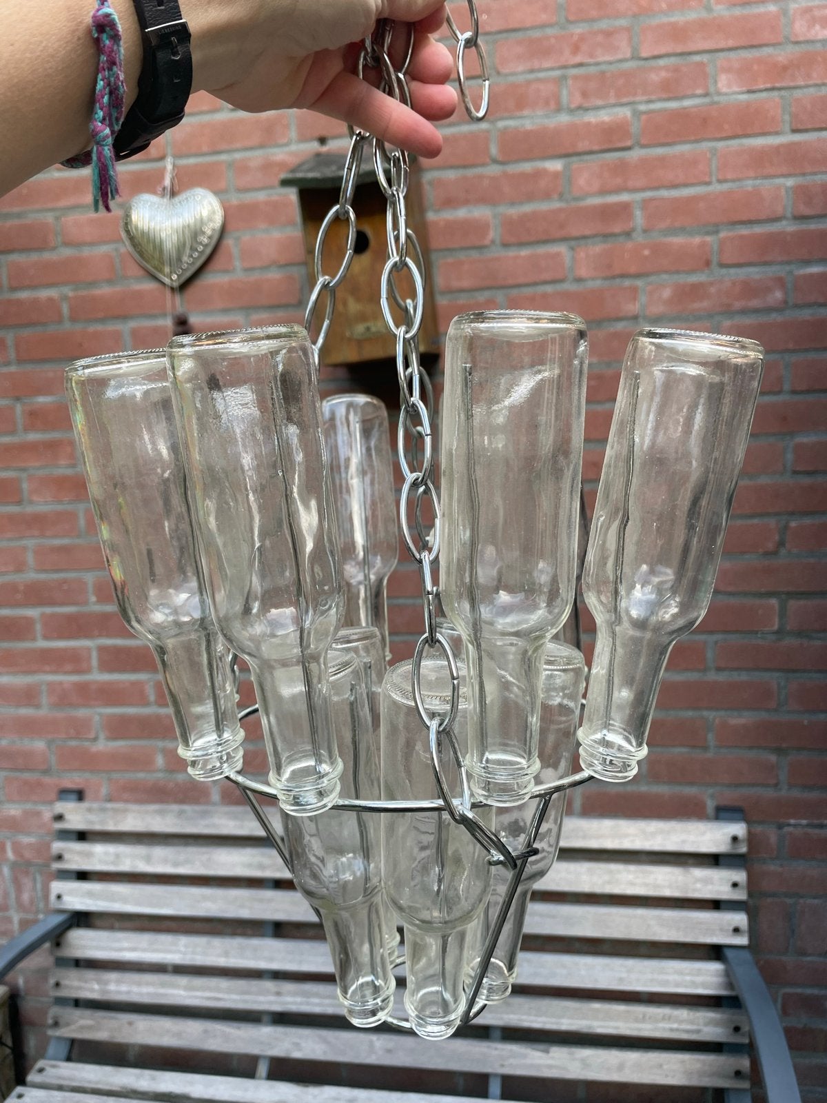 Unieke Flessenkroonluchter - eettafel lamp, Ophalen of Verzenden, Zo goed als nieuw, Glas, Industrieel