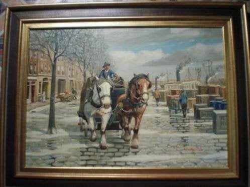 W. HEINECKE !! * OLIEVERF OP LINNEN * Haven Met Paarden *, Olieverf, Klassiek, Origineel werk, Stads- / dorpsgezicht