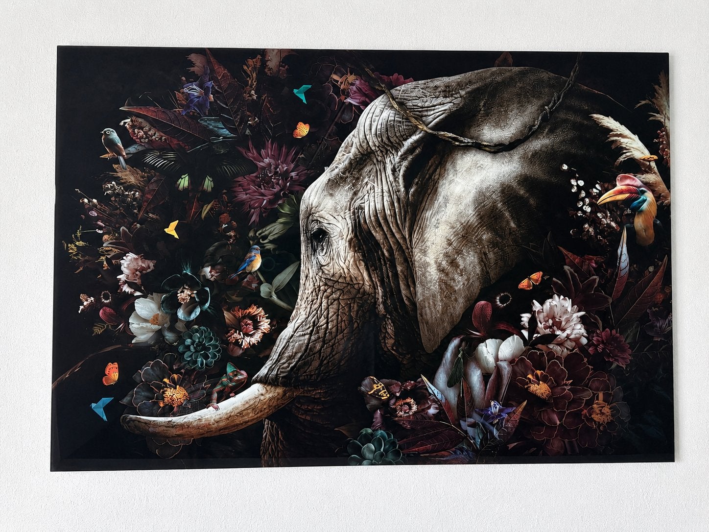 Modern glasschilderij 120x80 cm Olifant met bloemen/vogels, Ophalen, Achter glas, Dieren, Print