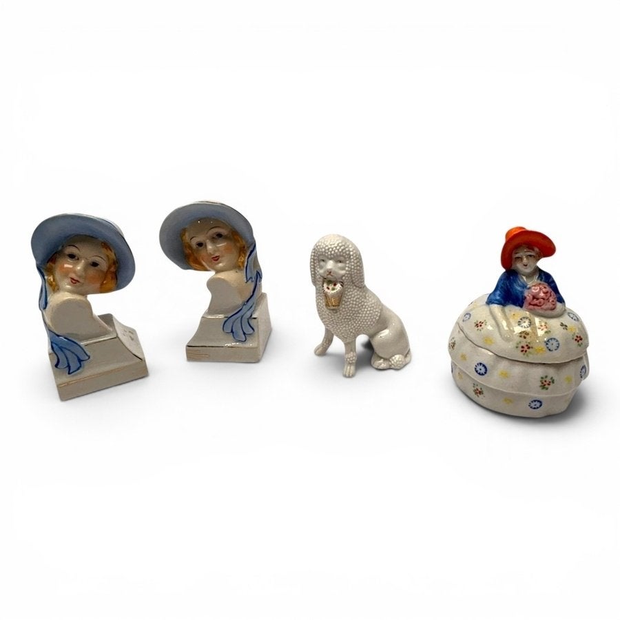 Lot porselein (5 x) Half doll, twee boekensteunen en hondje, Ophalen of Verzenden