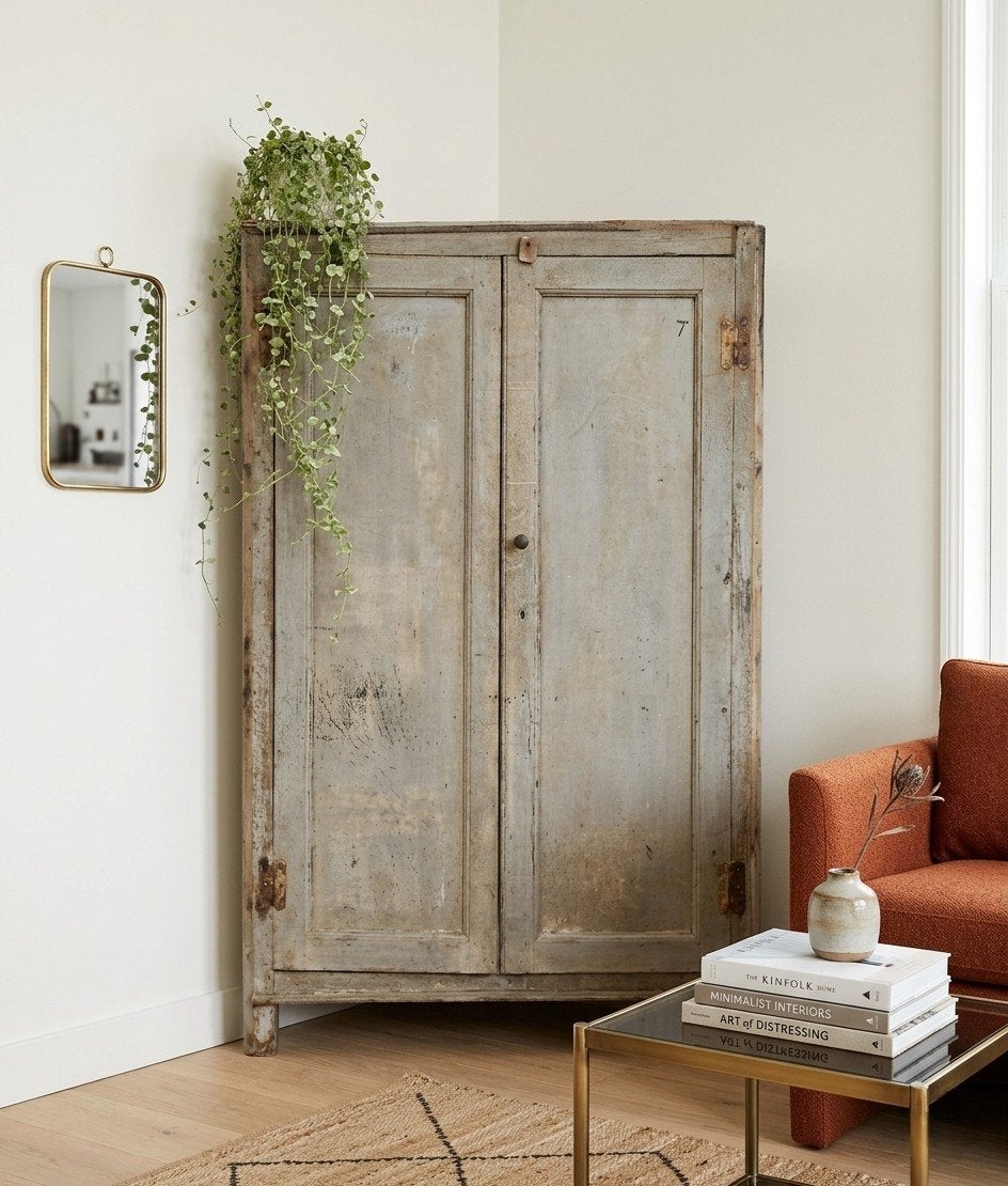 🩶Antieke brocante grijze sleetse hoekkast vintage leg kast, Verzenden