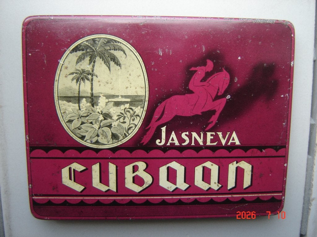 Jasneva Cubaan, fraai oud sigarenblik, 10 sigaren Cubaan., Verzamelen, Blikken, Ophalen of Verzenden, Gebruikt, Overige, Overige merken