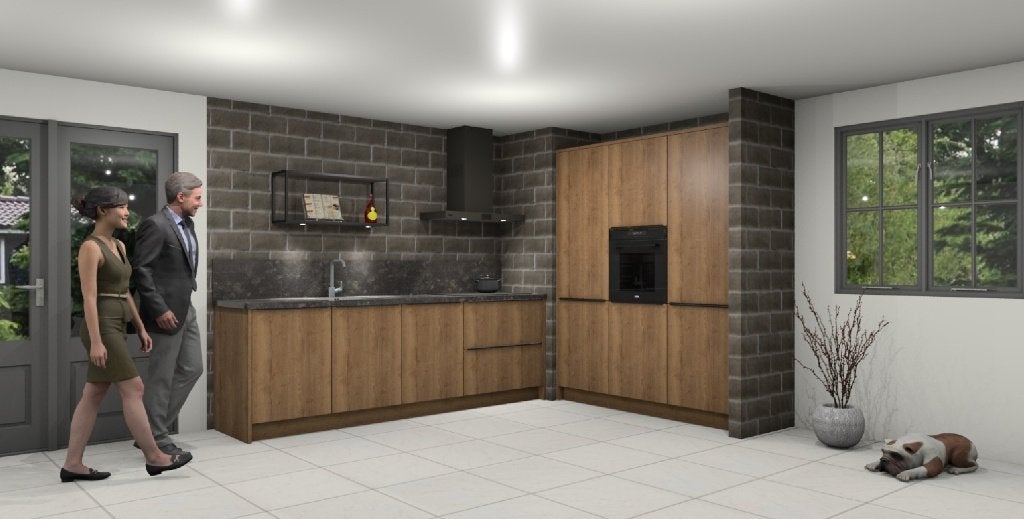 Showkeuken nr.8:  Moderne keuken semi-greeploos in houtkleur, Ophalen, Overige kleuren, Overige typen, Greeploos