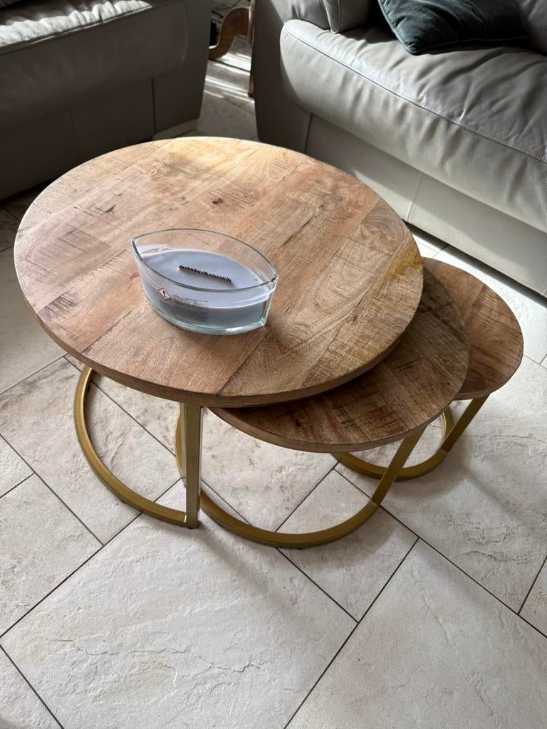 Set van 3 mango houten salontafels, Huis en Inrichting, Tafels | Salontafels, 50 tot 100 cm, Rond, Ophalen of Verzenden, Zo goed als nieuw