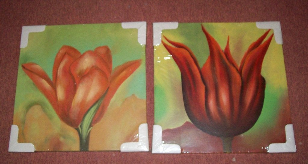 2 Schilderijen met oranje Tulpen canvas vierkant Nieuw, Minder dan 50 cm, Oorspronkelijke maker, Nieuw, Ophalen of Verzenden