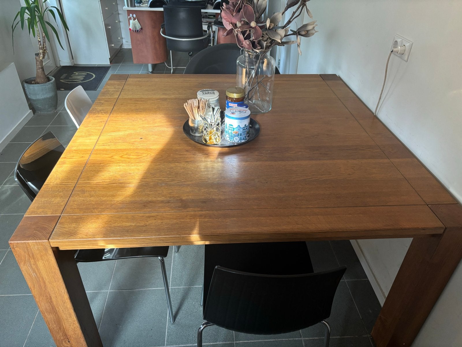 Massief houten eettafel 140x140 cm – stoere vierkante tafel, Ophalen, Gebruikt, 100 tot 150 cm, Vierkant