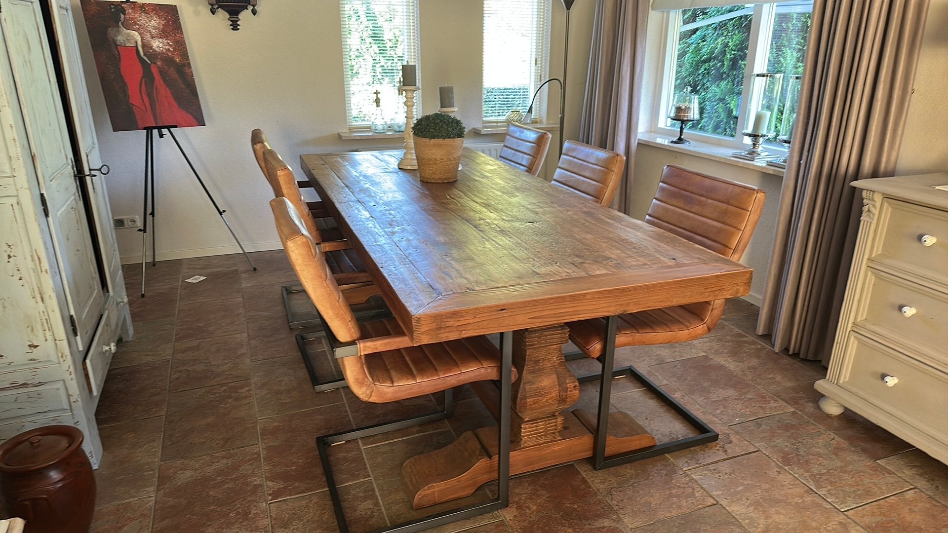 Eiken Kloostertafel, 200 cm of meer, Zo goed als nieuw, Rechthoekig, 50 tot 100 cm