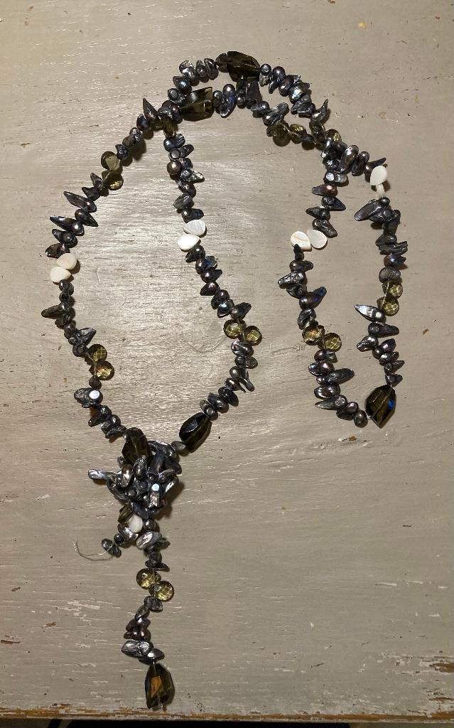 Vintage lange zoetwaterparels parelketting glaskralen schelp, Overige materialen, Ophalen of Verzenden, Zo goed als nieuw, Met edelsteen