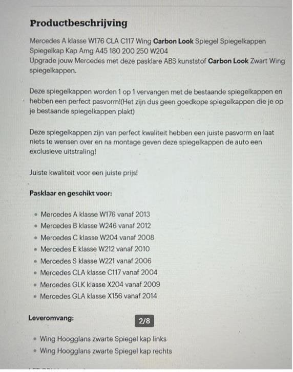 carbon look spiegel spiegelkappen Voor Mb w204 w176 amg, Verzenden, Automotive Parts, A.parts@hotmail.nl, Trasmolenlaan 12 3447 GZ Woerden