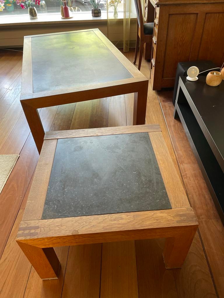 Set van 2 Eiken Salontafels met Granieten Inlegblad, Ophalen, Gebruikt, 100 tot 150 cm, Eikenhout
