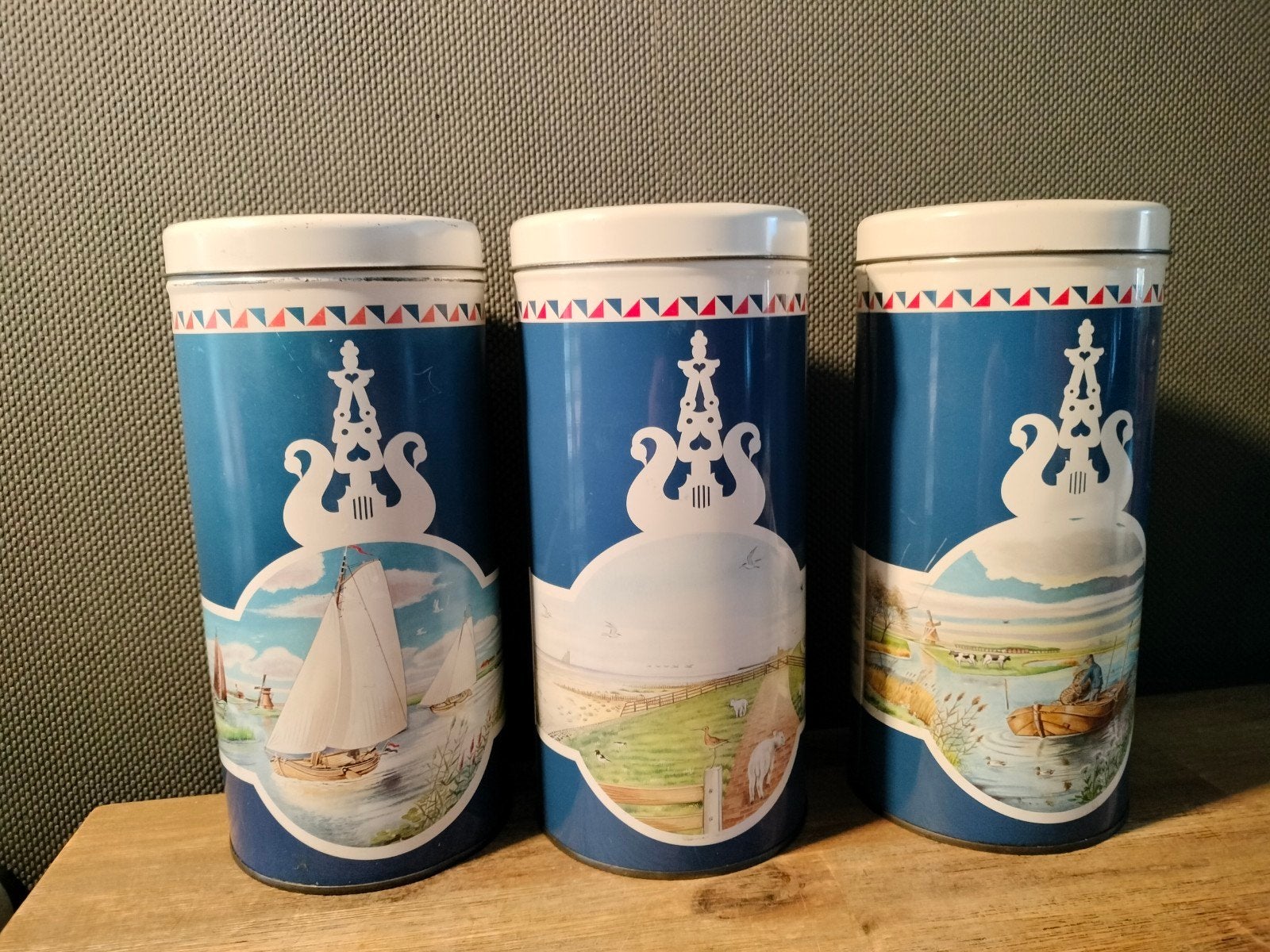 Set van 3 vintage beschuitbussen van der Meulen met Hollands, Ophalen of Verzenden, Gebruikt, Beschuit, Overige merken