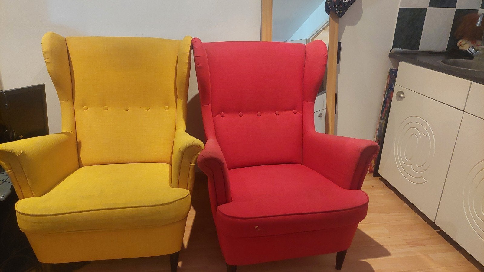 2 fauteuils IKEA - Gele en Rode fauteuil, Ophalen, Gebruikt, 75 tot 100 cm, Stof