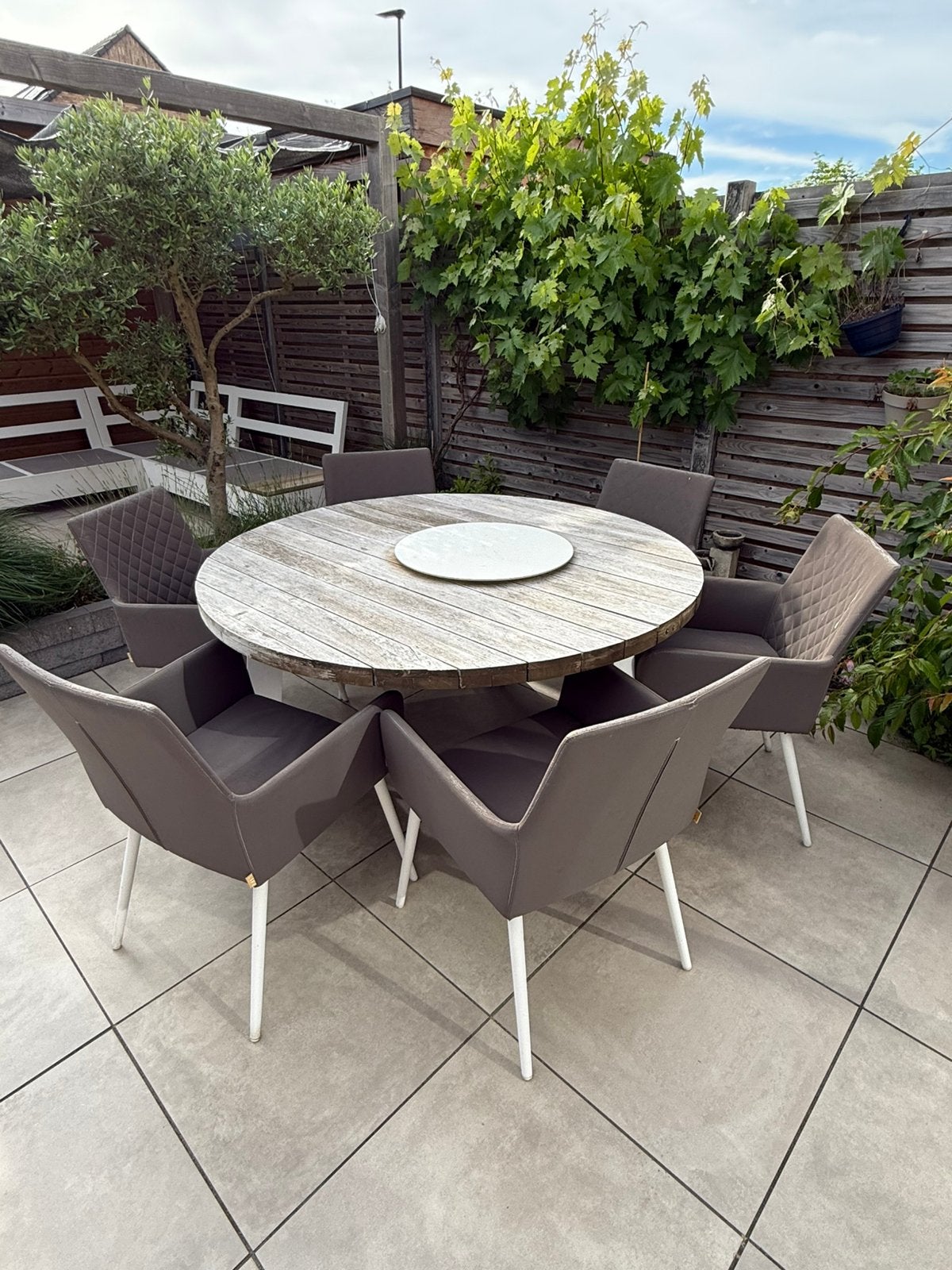 Buitenset ronde tafel 1.50m teak en alum frame 6 stoelen, Ophalen, Gebruikt, Teakhout