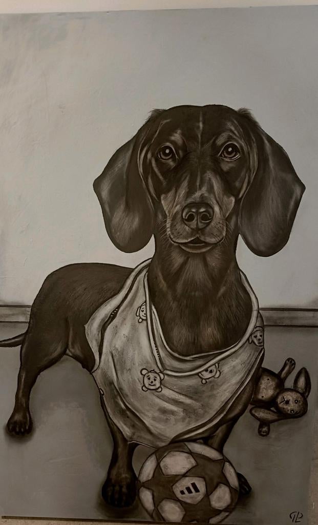 Schilderij "Teckel Aan De Bal 120x 80 cm. NIEUW van maker, Ophalen